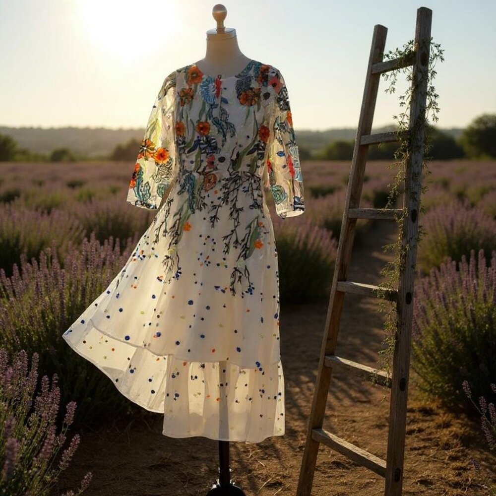 VICKY AND LUCAS - Cream Embroidered Floral Dress